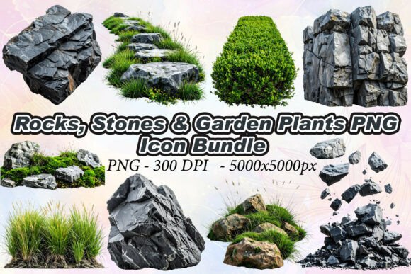 Enhancing Digital Landscapes with Rocks, Stones Garden Plants PNG Assets