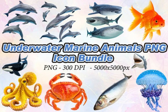 Underwater Marine Animals PNG: High-Res 3D Icons
